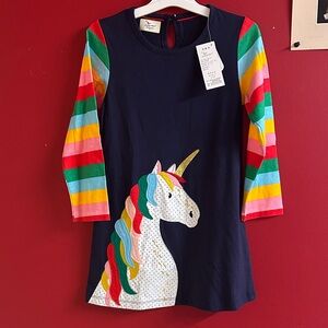 Navy Unicorn Dress with Rainbow Stripe Sleeves - Kids size 5t by Jumping Meters